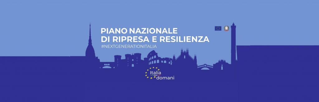 Piano nazionale di ripresa e resilienza #Nextgenerationitalia domani; Stemma dell’Unione Europea e logo della Repubblica